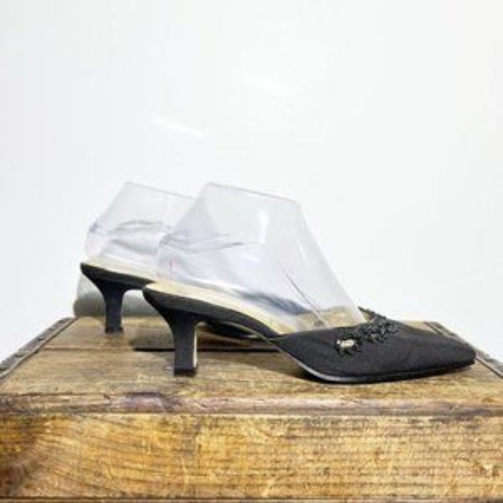 VINTAGE ANN MARINO black square toe eyelet bead detail cut out heel mule US 7.5M